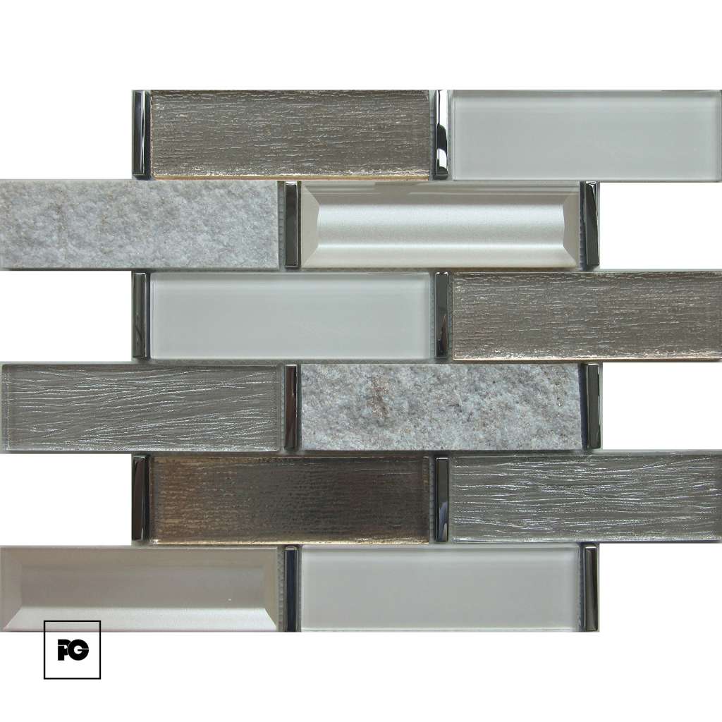 Rectangular mosaic backsplash tiles in gray stone, glass, and metallic finishes arranged in a staggered pattern